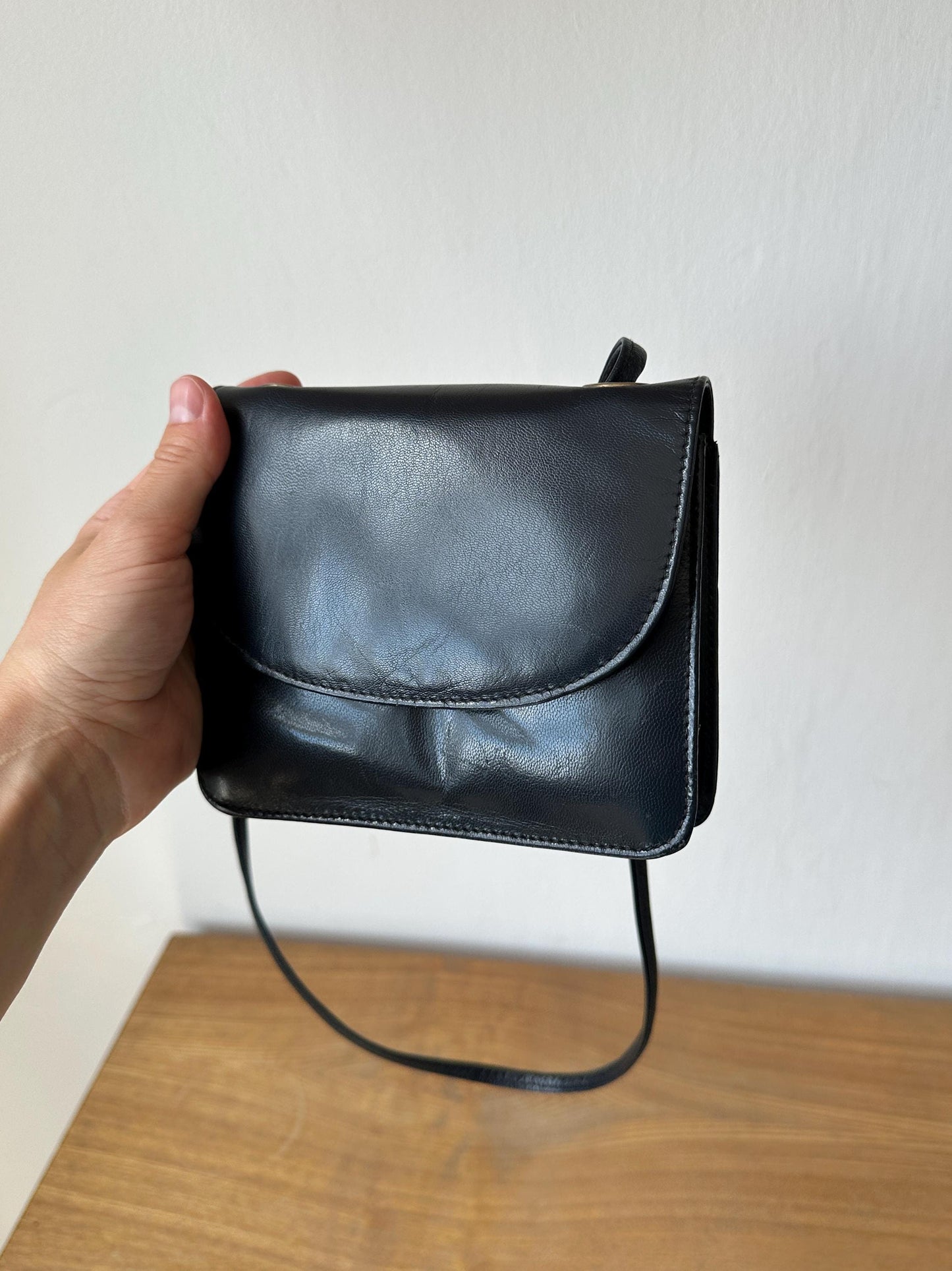 Vintage Black Leather Mini Crossbody Bag | Structured Flap Bag