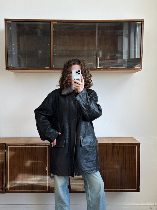 Vintage 90s boxy motorcycle leather jacket in brown