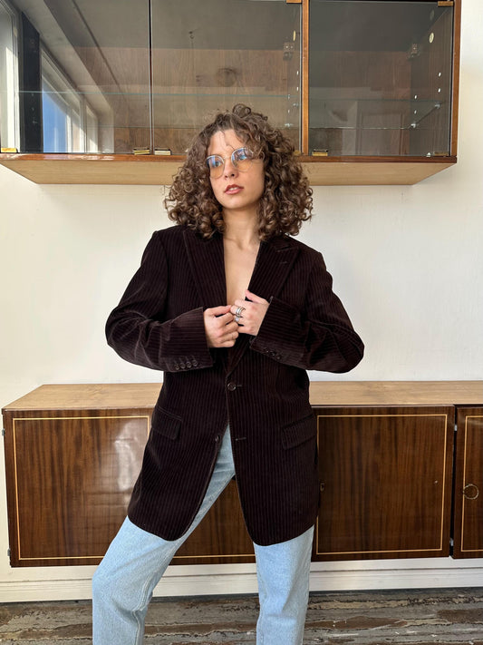 Vintage velvet striped blazer in dark brown