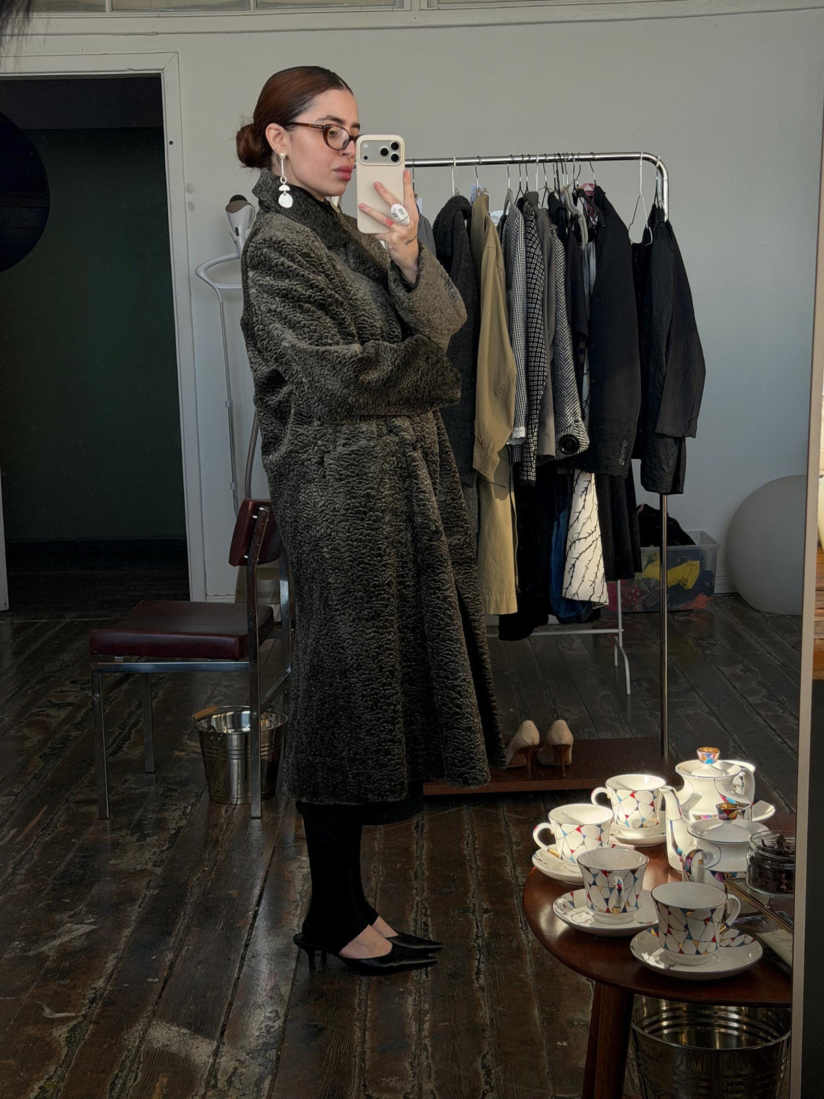 Vintage 80s Astrakhan Long Winter Coat in Grey