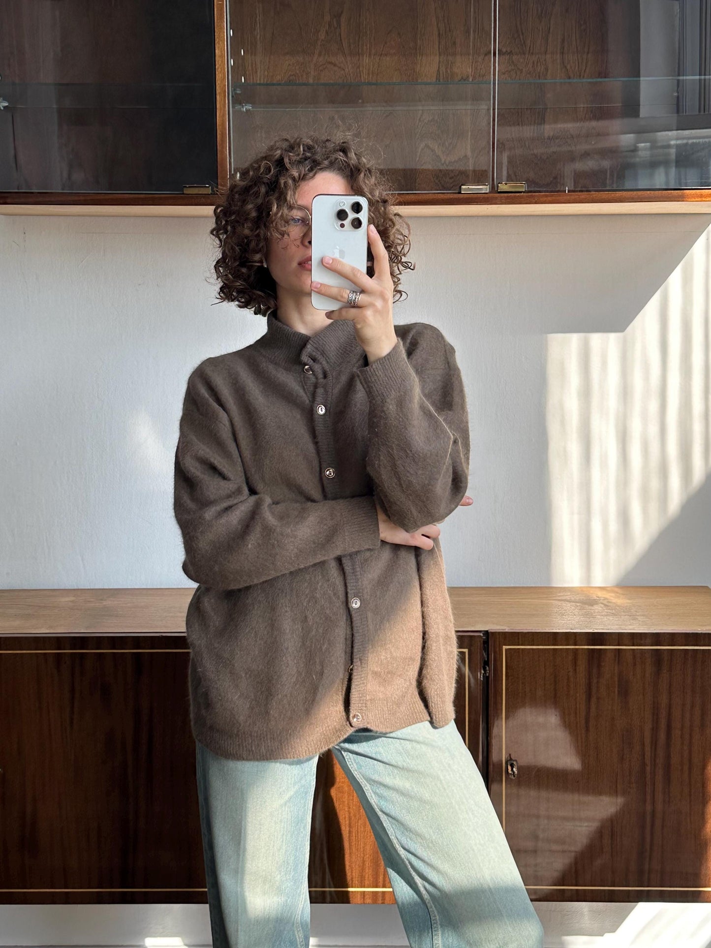 Vintage angora cardigan in brown, 80s fuzzy oversized sweater