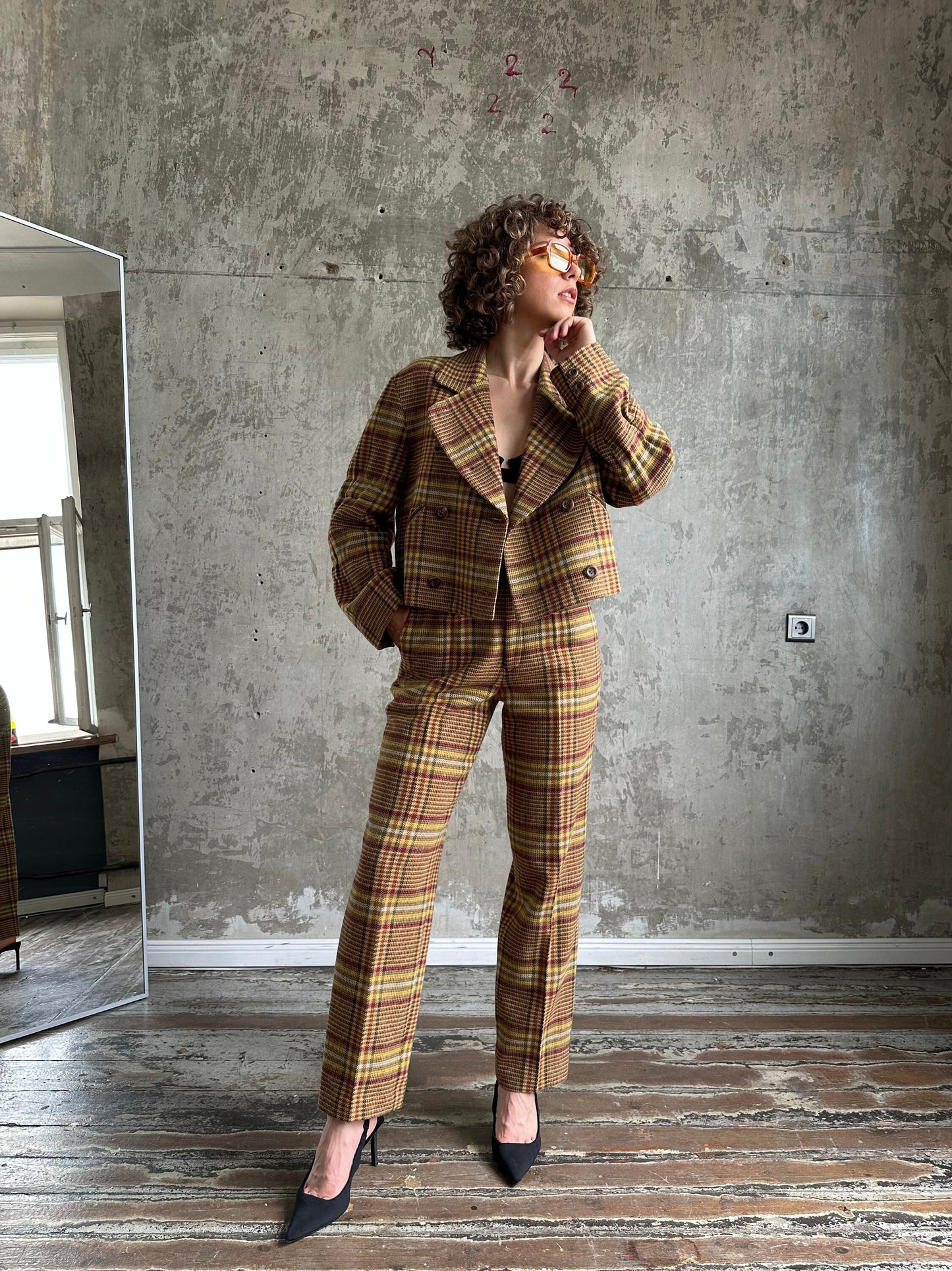 Archive 80s ISSEY MIYAKE SPORT wool check tweed suit in brown