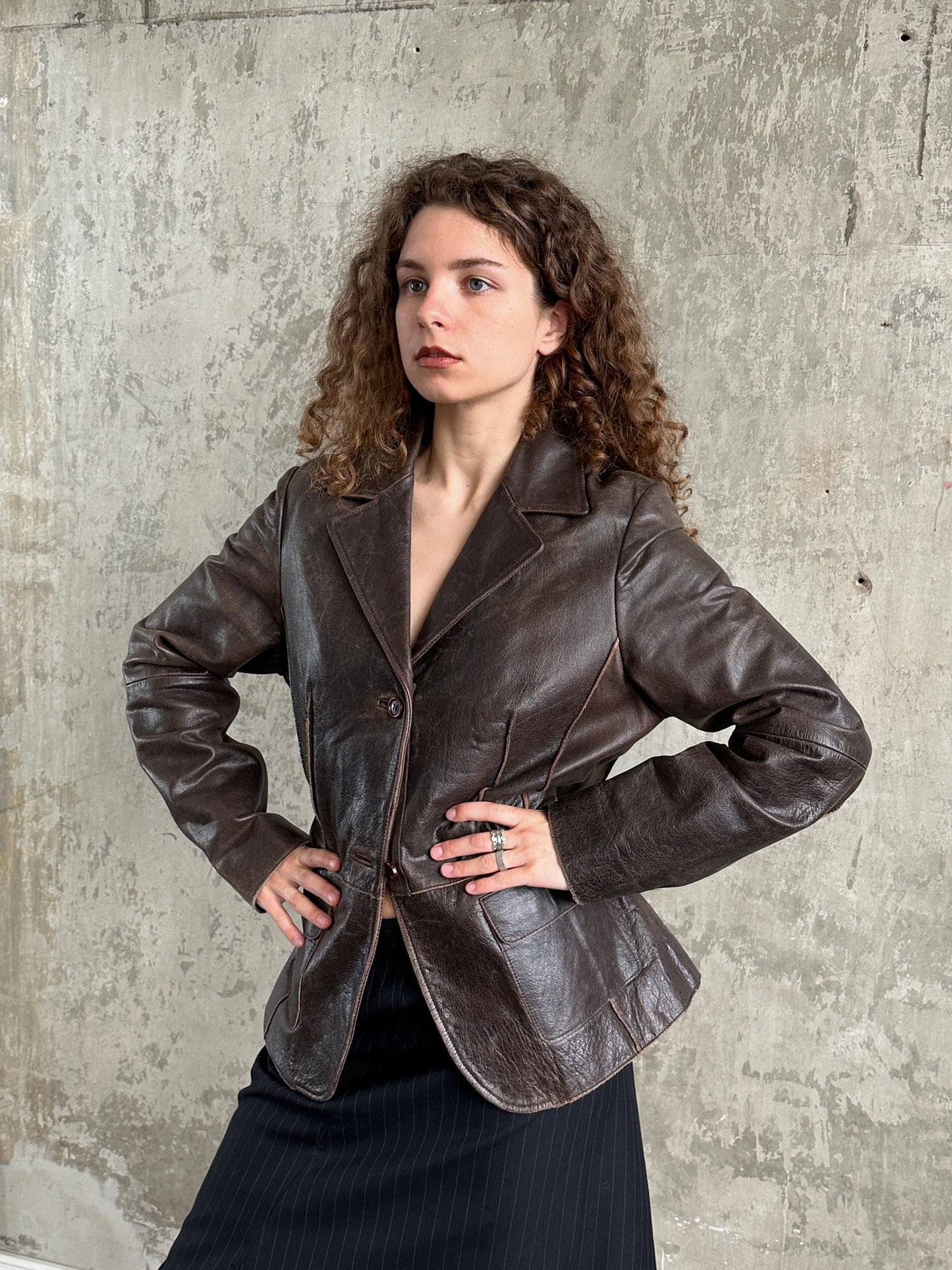 Vintage Brown Leather Tailored Blazer Jacket | Distressed Worn-In Leather