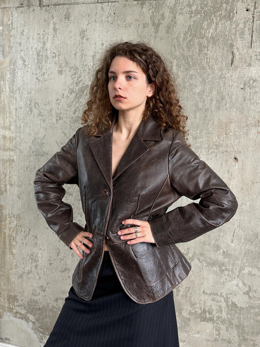 Vintage Brown Leather Tailored Blazer Jacket | Distressed Worn-In Leather