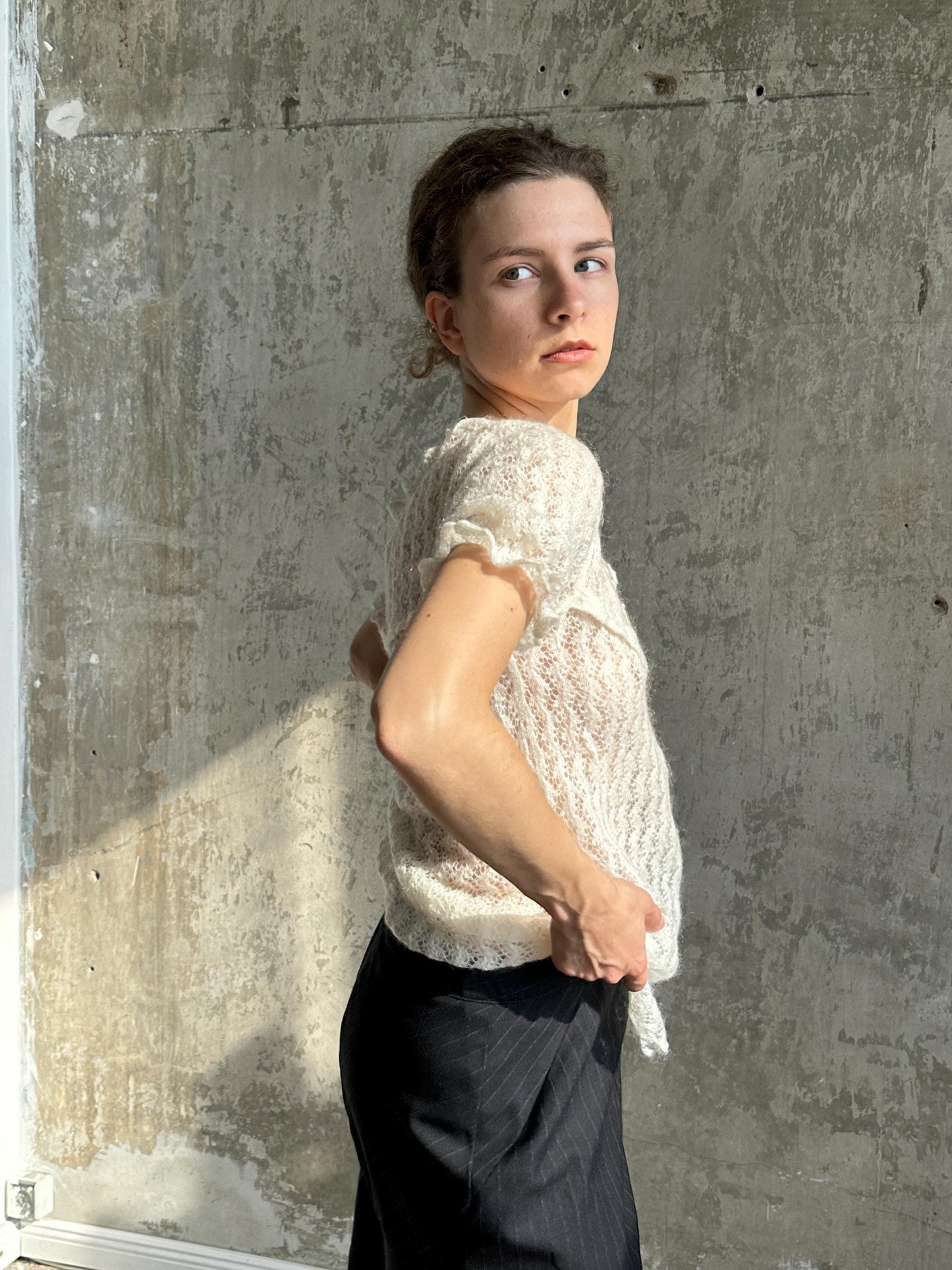 Vintage Mohair Romantic Ruffle Top in White I Sheer Knitted Top