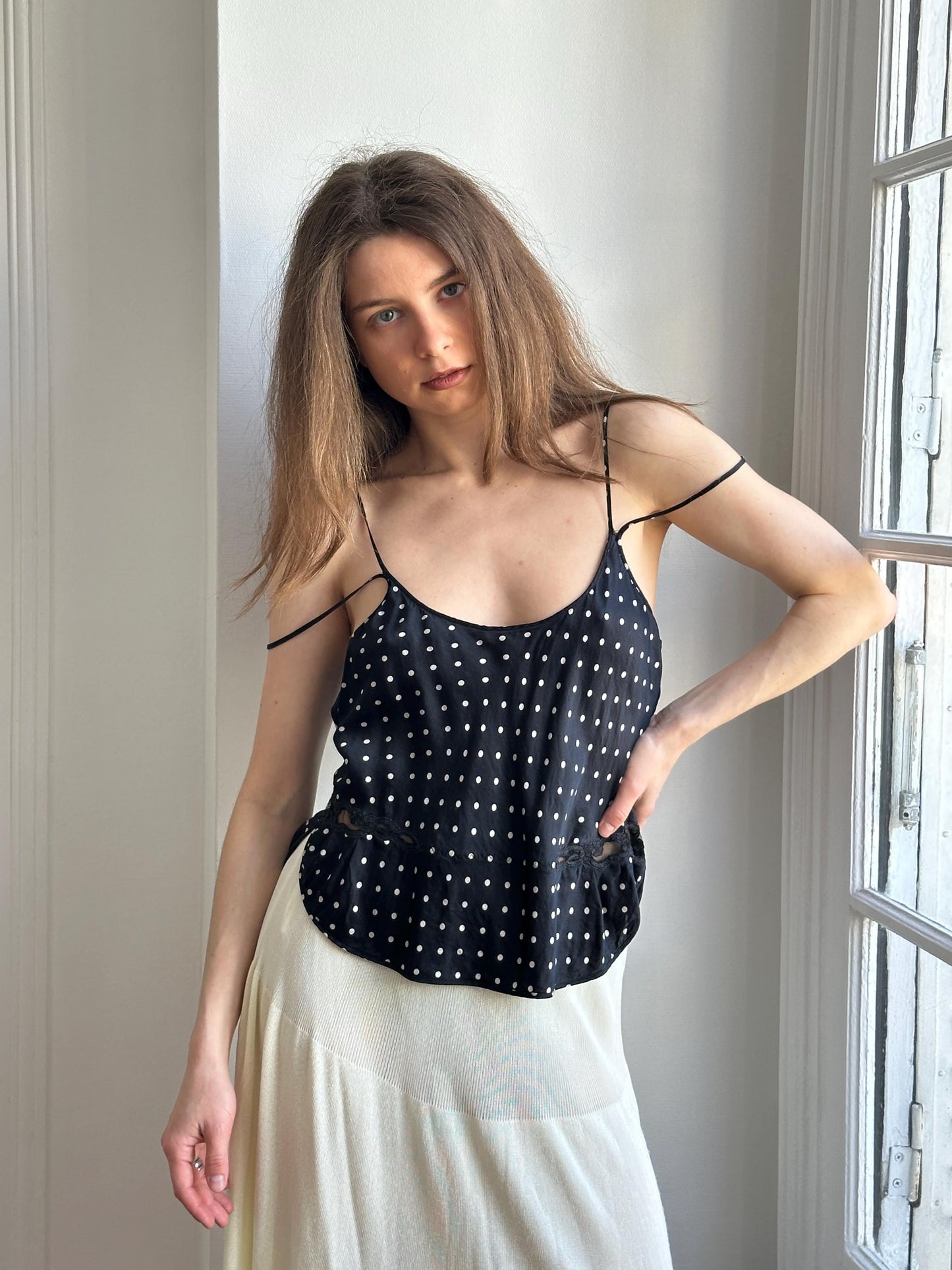 Vintage Pure Silk Polka Dot Nightie Top in Black