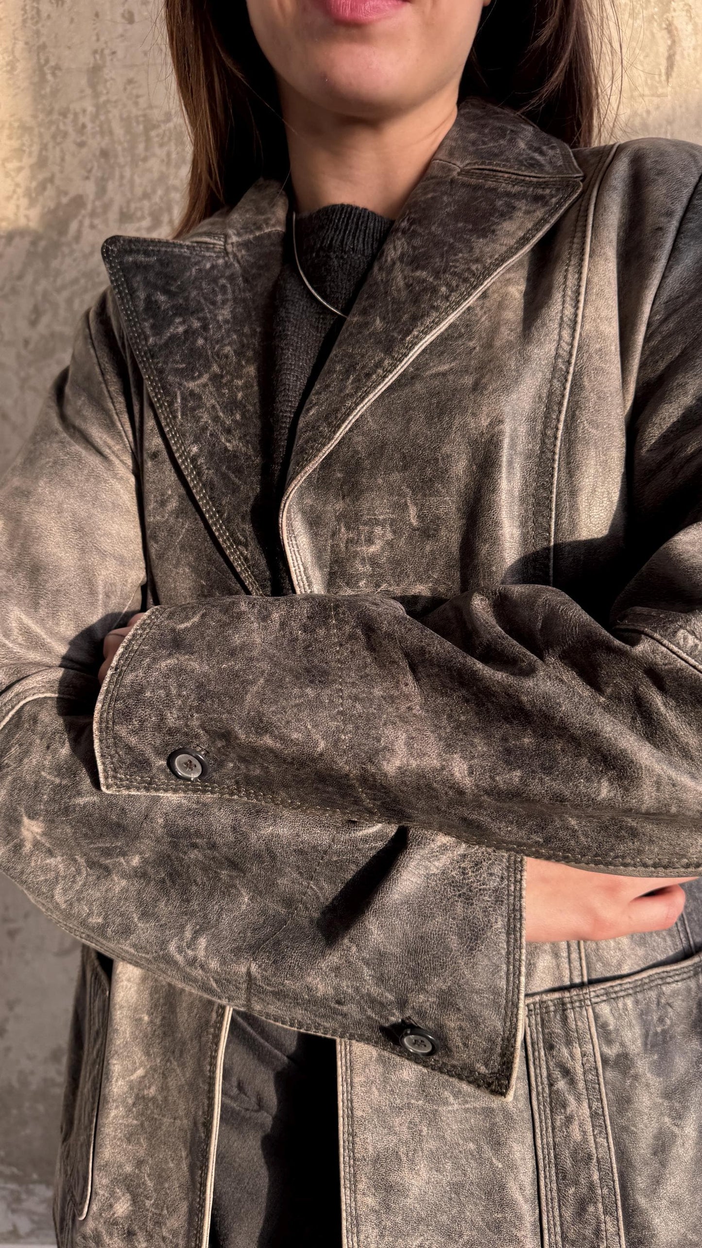 Vintage 90s Burnt Boxy Leather Jacket In Black/Grey