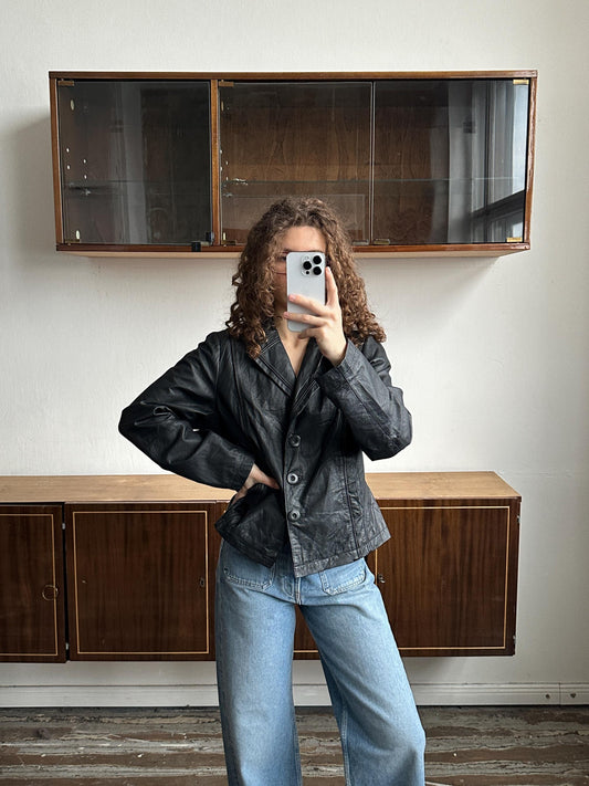 Vintage Oversized Leather Jacket In Black
