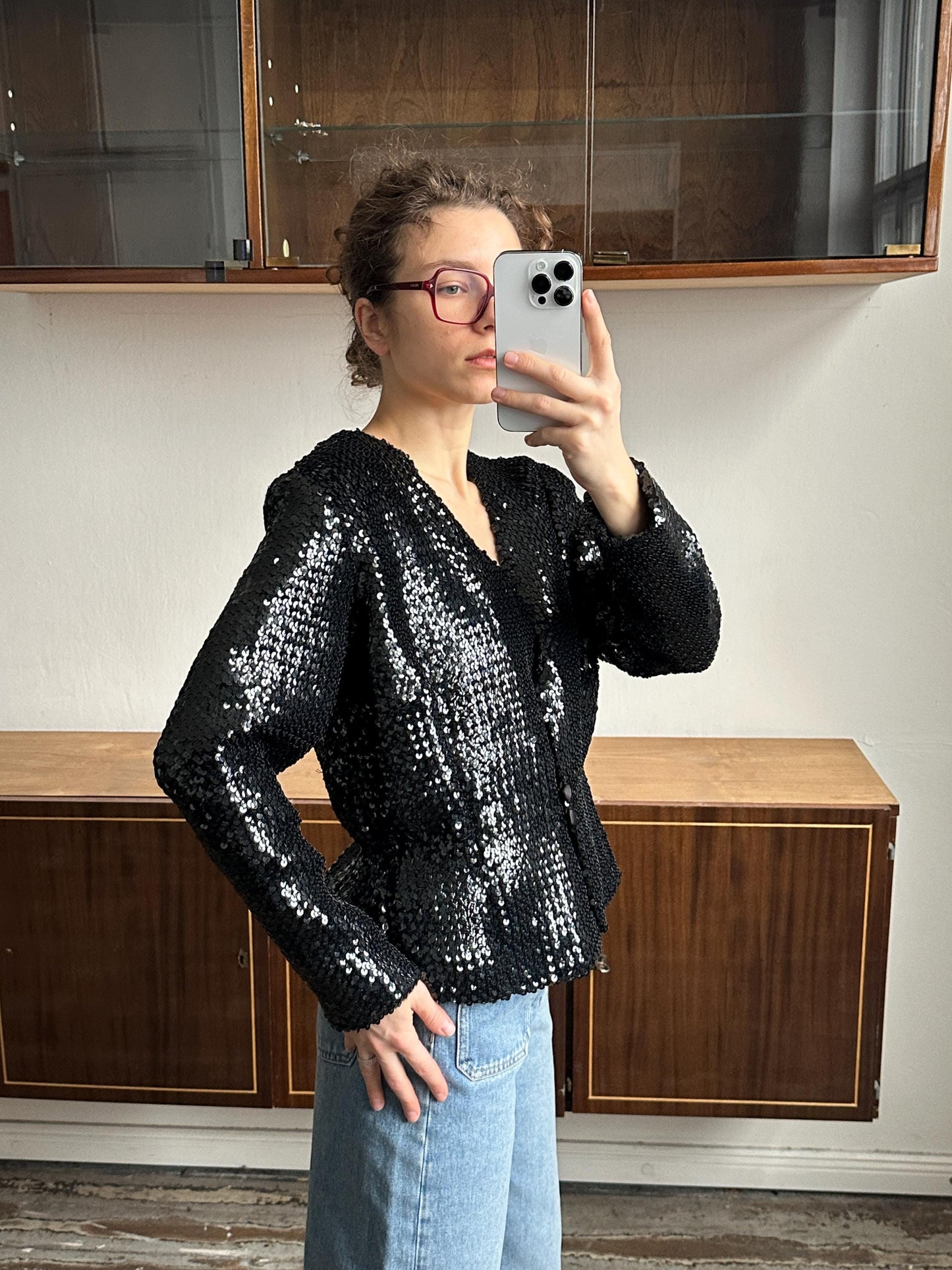 Vintage 90s Sparkle Sequin Party Evening Blazer In Black