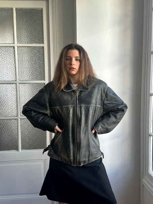 Vintage Distressed Leather Bomber Jacket in Black