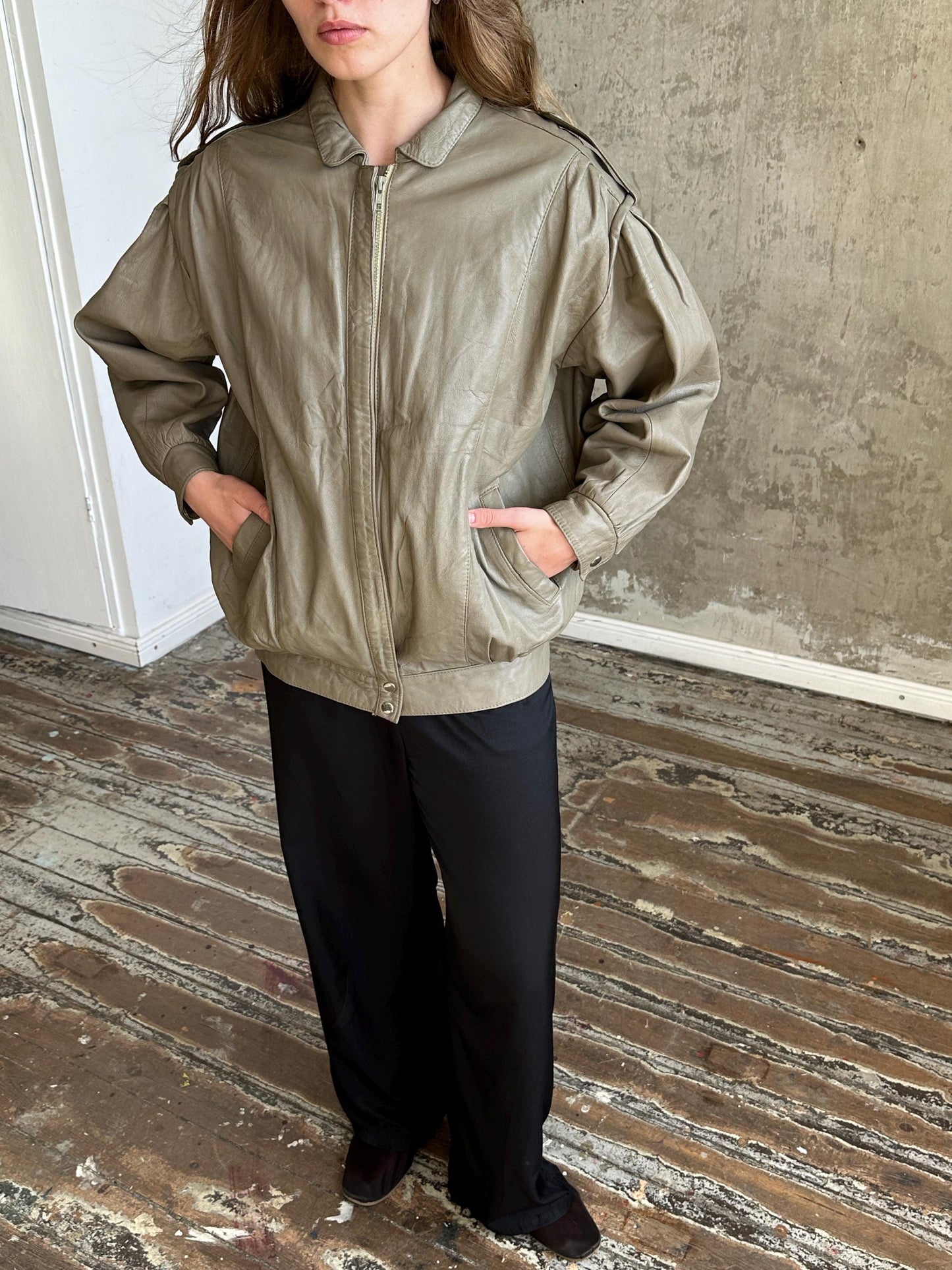 Vintage Oversized Leather Grey Bomber Jacket