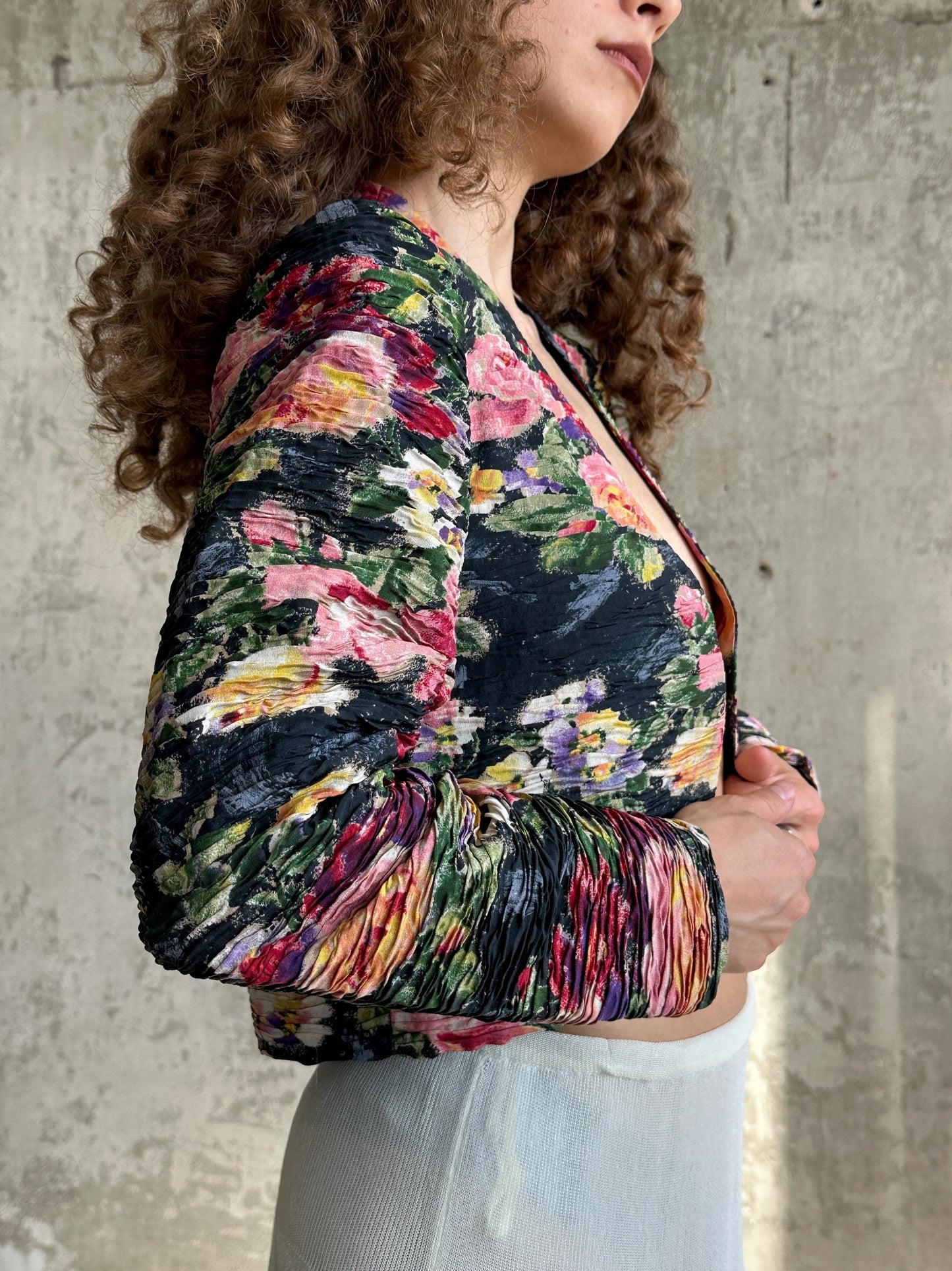 Vintage Max Mara Floral Pleated Bolero Jacket in Green and Pink