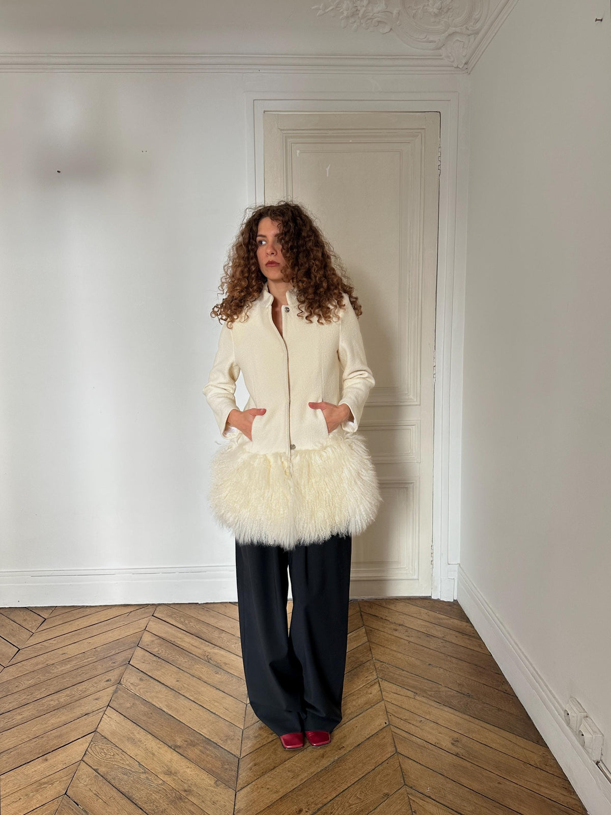 Vintage Boucle Mongolian Fur Hem Coat in Cream