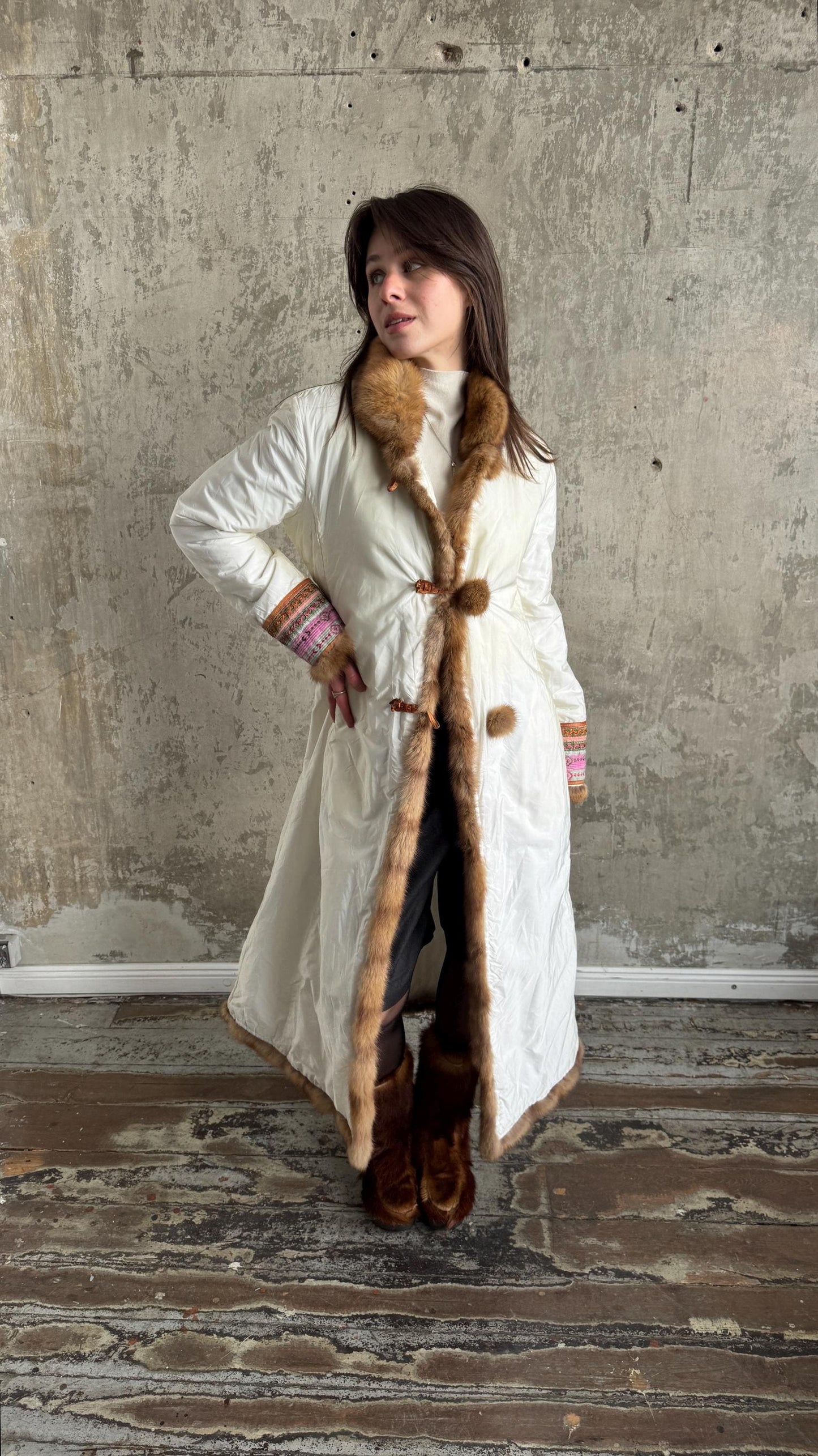 Vintage Ermanno Scervino Ivory Puffer Coat with Fur Trim