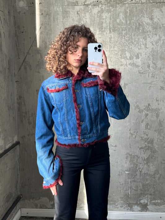 Vintage blue denim bomber jacket with fur lining