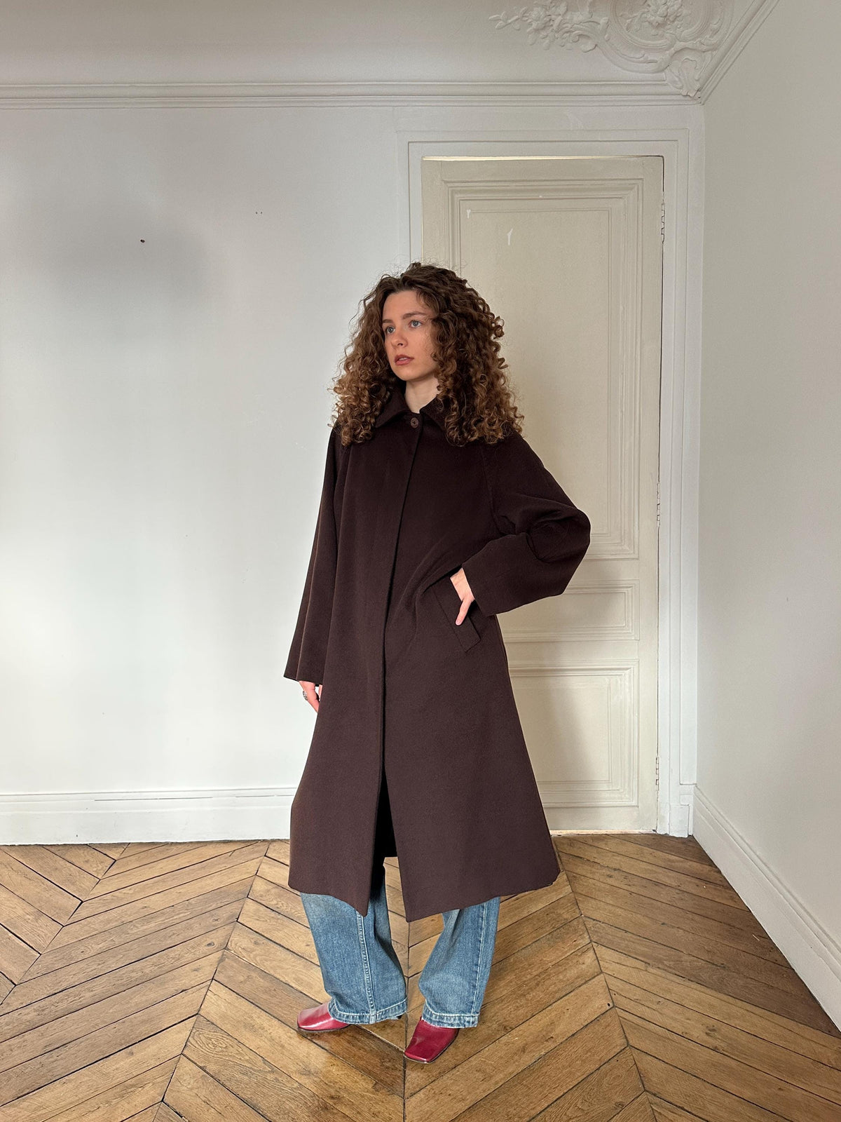 Vintage Les Copains Long Wool Angora Cashmere Coat in Chocolate Brown