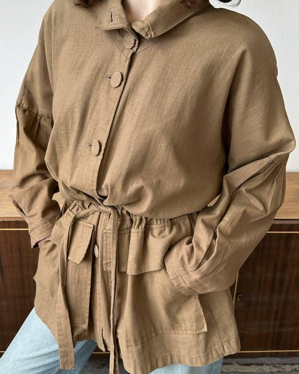 Vintage 90s oversized loose linen jacket in brown