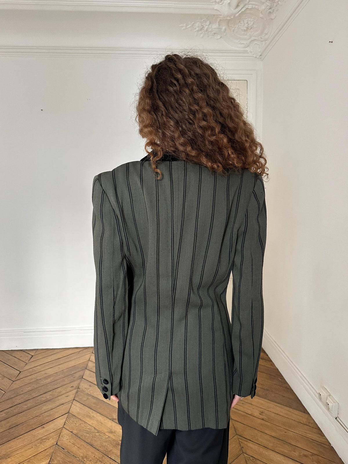 Vintage Striped Wool Blazer with Black Velvet Collar in Green
