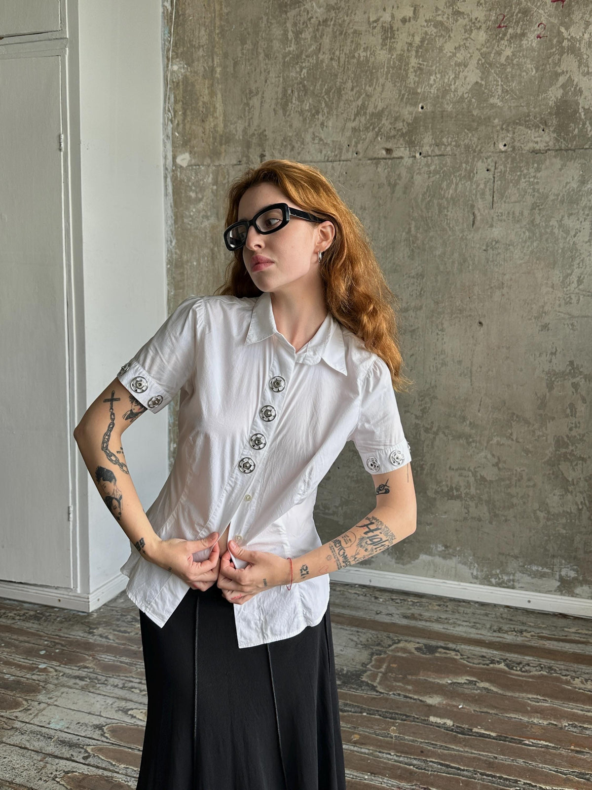 Vintage Moschino Jeans White Fitted Shirt | Silver Ring Detail Blouse