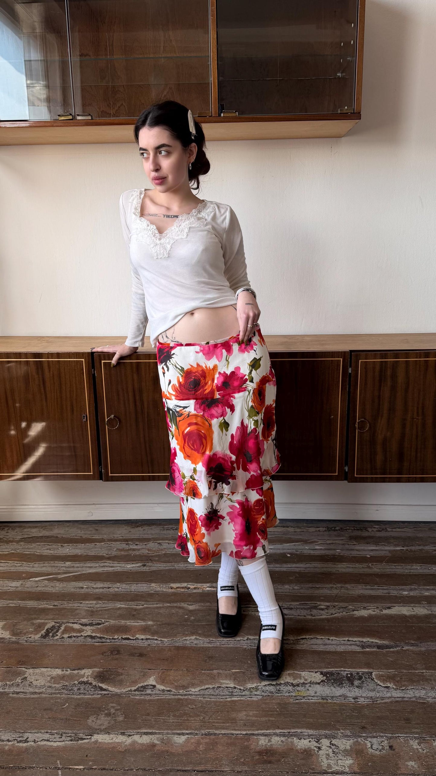 Vintage Marella Silk Floral Midi Skirt, Y2K Italian Bias Cut Slip Skirt (L/XL)