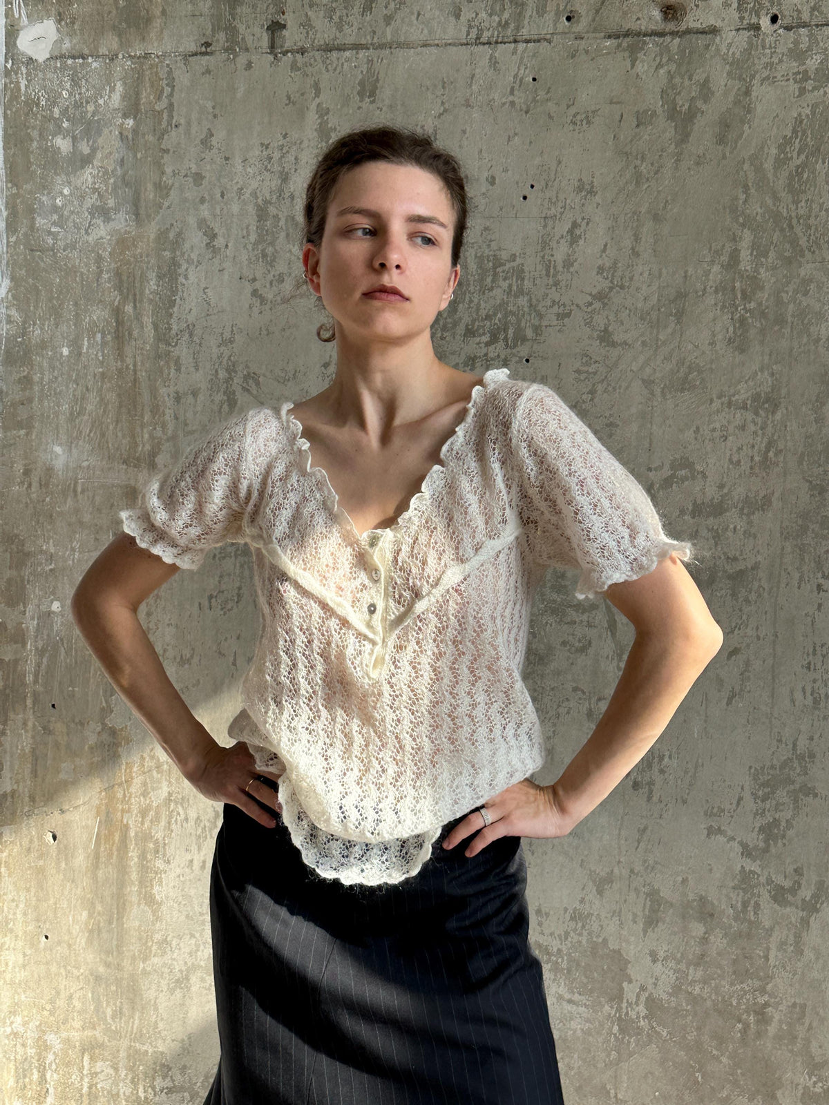Vintage Mohair Romantic Ruffle Top in White I Sheer Knitted Top