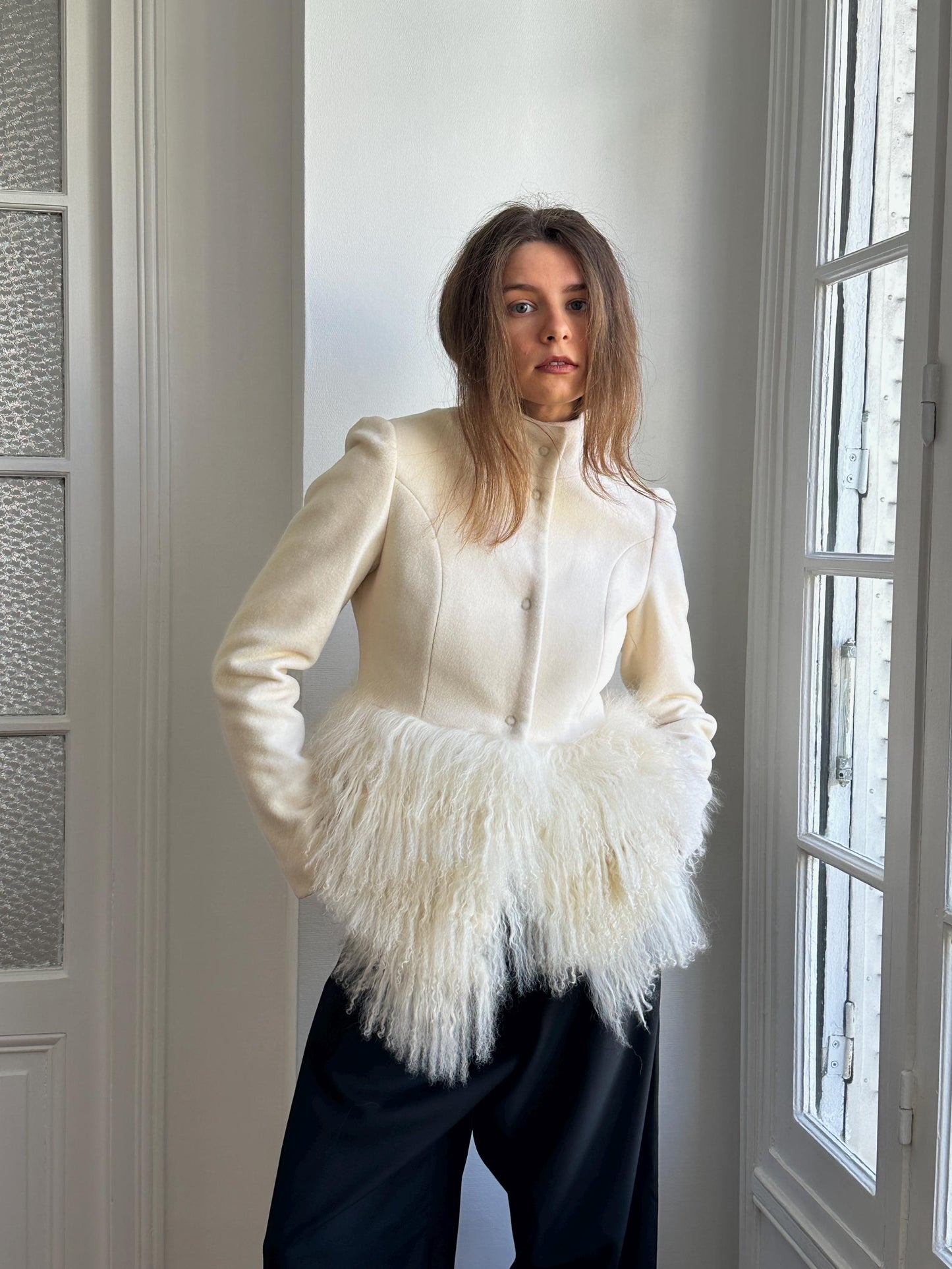 Vintage Y2K Ivory Wool Short Coat with Tibetan Lamb Fur Hem