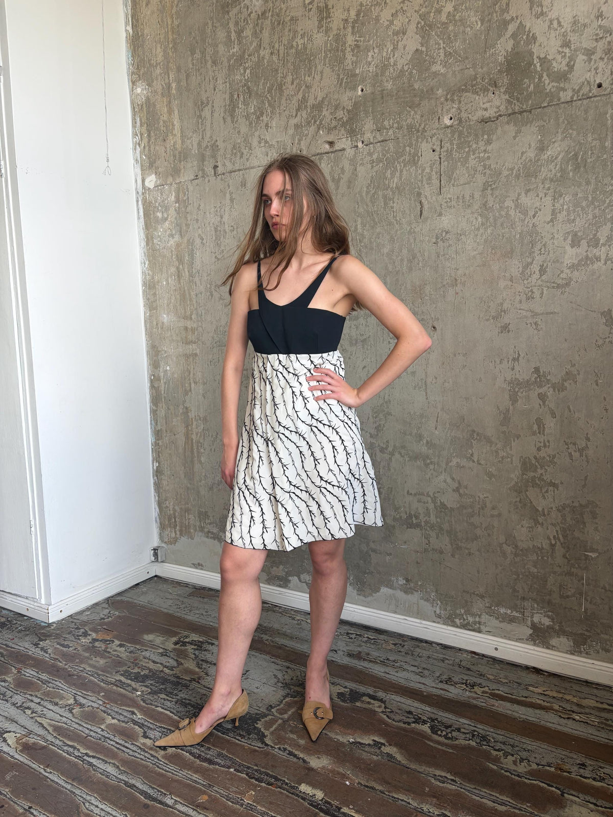 Vintage Balenciaga Branch Halter Dress in Black and White | Nicolas Ghesquière Era Silk Dress