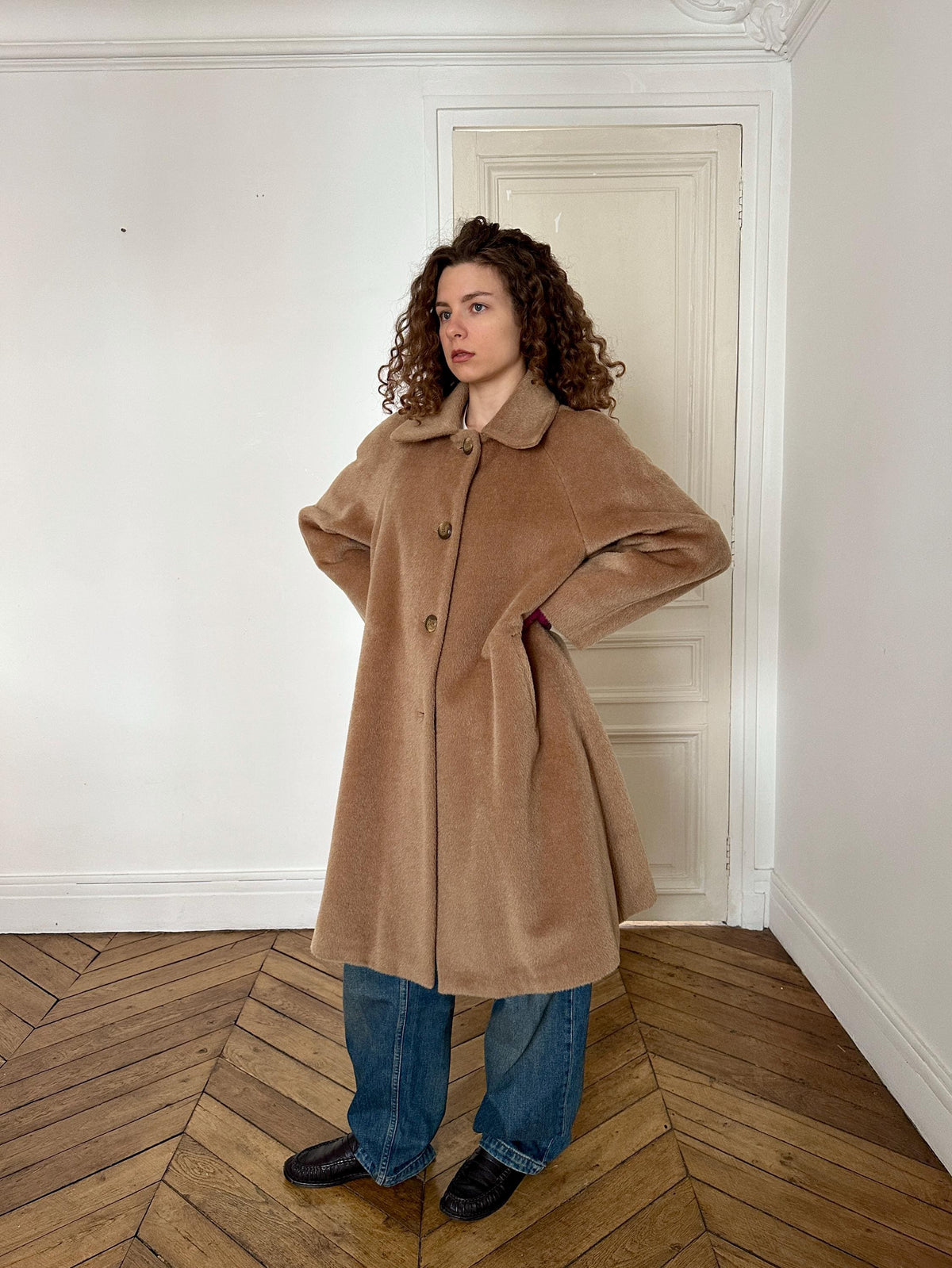 Vintage 90s Mohair Wool Teddy Coat in Beige