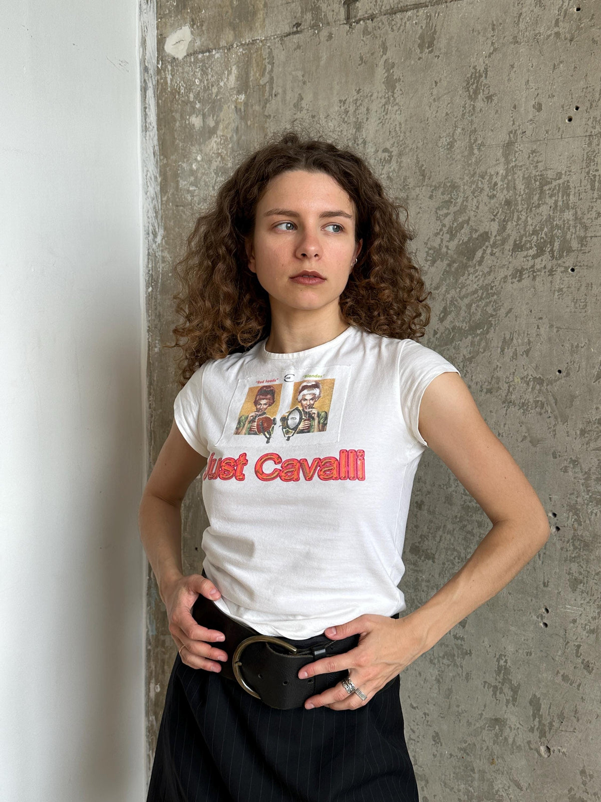 Vintage Just Cavalli White Graphic Baby Tee | Y2K Cotton Micro T-Shirt