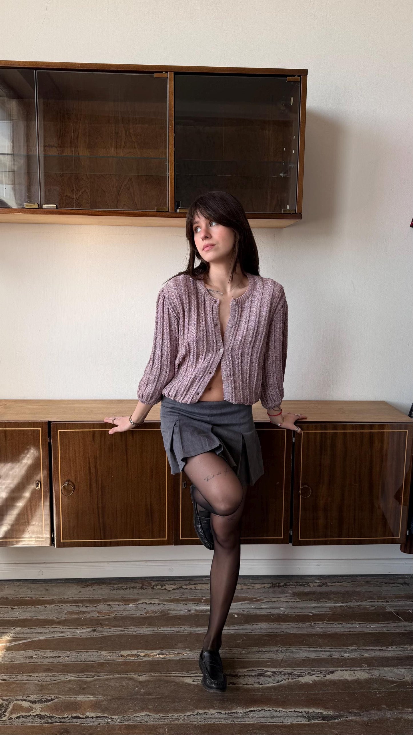 Vintage 90s Knit Cardigan, Soft Girl Minimalist Coquette Top in Mauve