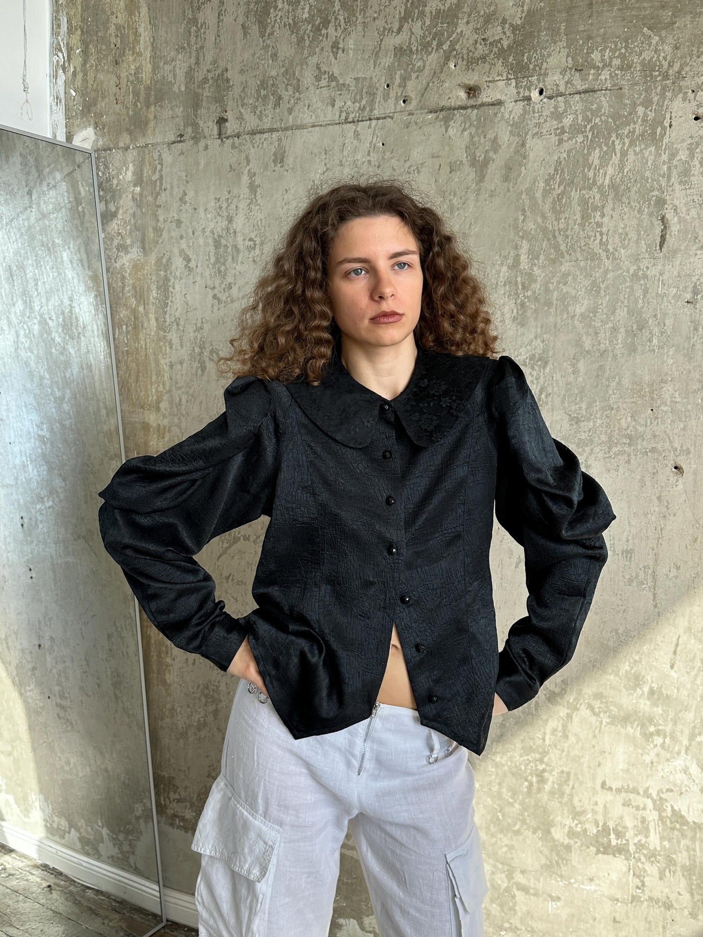 Vintage Black Puff Sleeve Romantic Draped Blouse
