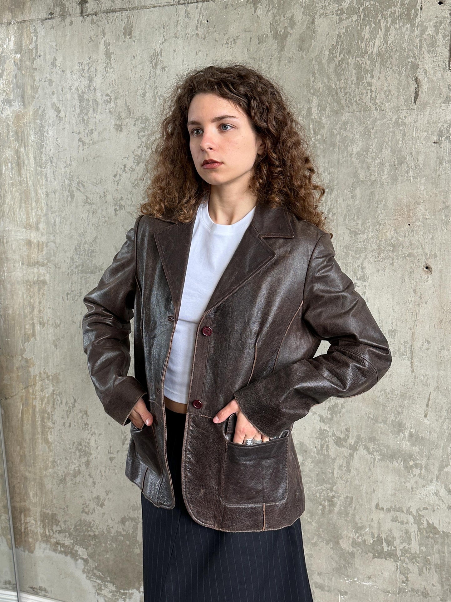 Vintage Brown Leather Tailored Blazer Jacket | Distressed Worn-In Leather