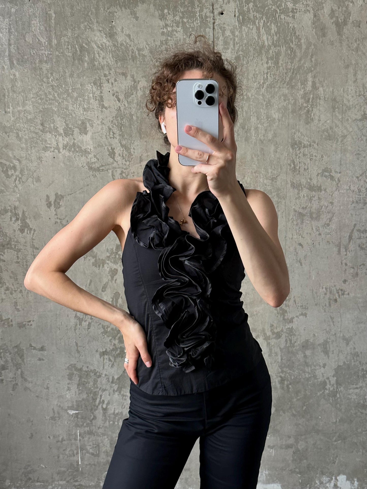 Vintage tube halter top in black with floral detail