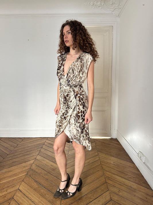 Vintage Roberto Cavalli Leopard Print Wrap Dress in Beige