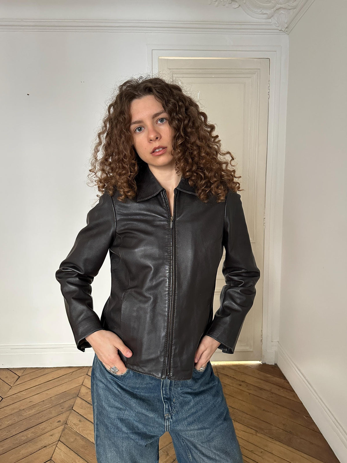 Vintage 90s Dark Brown Zip Boxy Leather Jacket