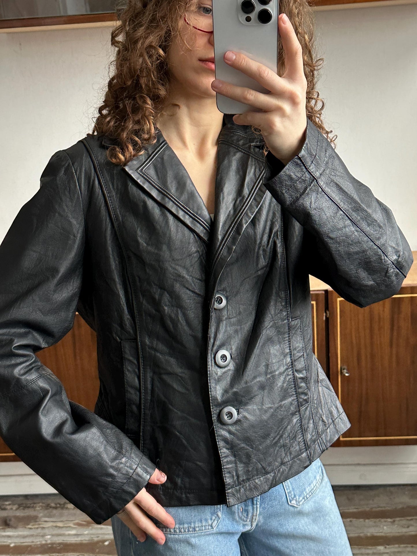 Vintage Oversized Leather Jacket In Black
