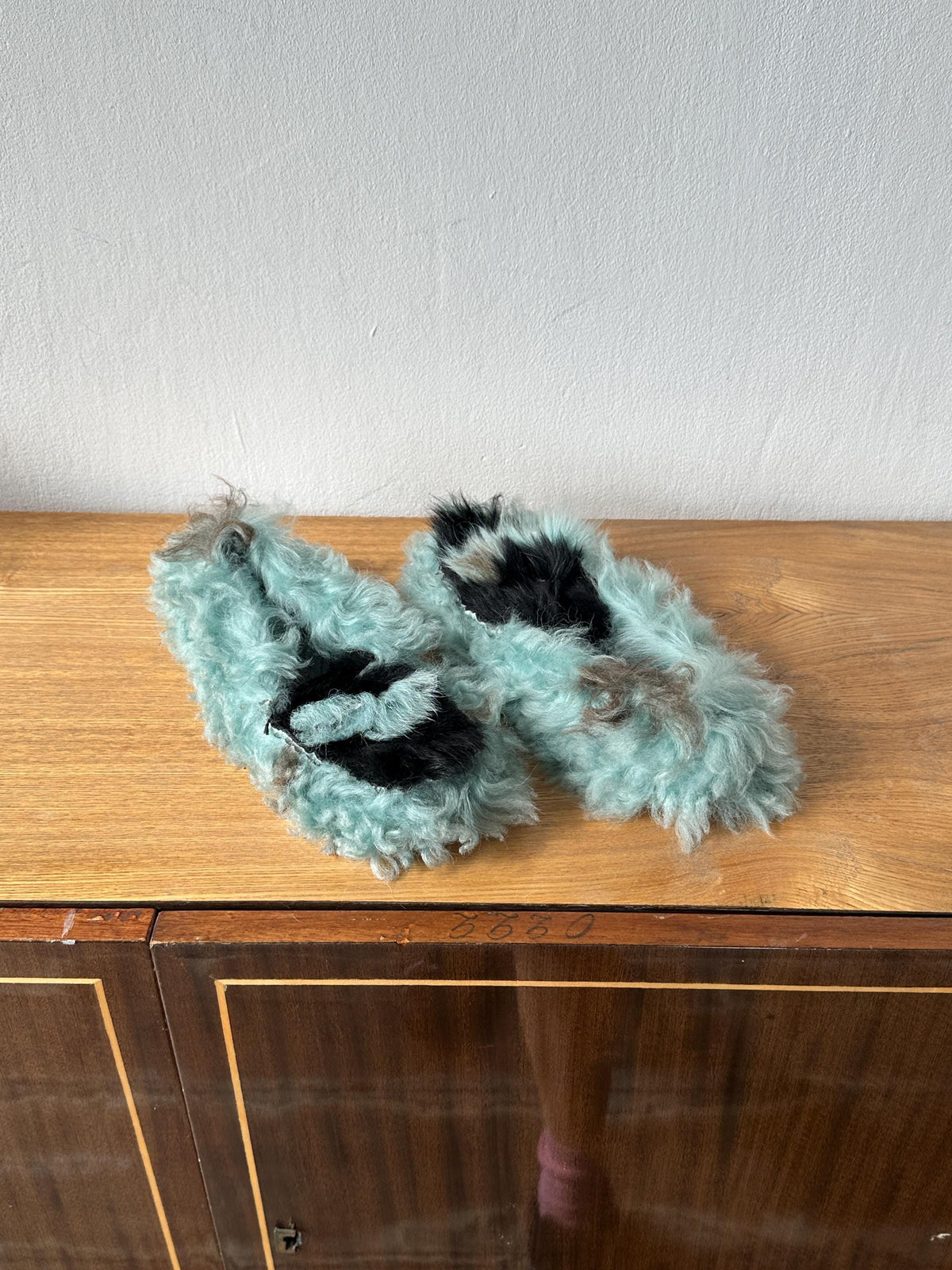 Vintage Prada Milano Shearling Fur Slipper | Mint Green & Black Furry Slides | US 6