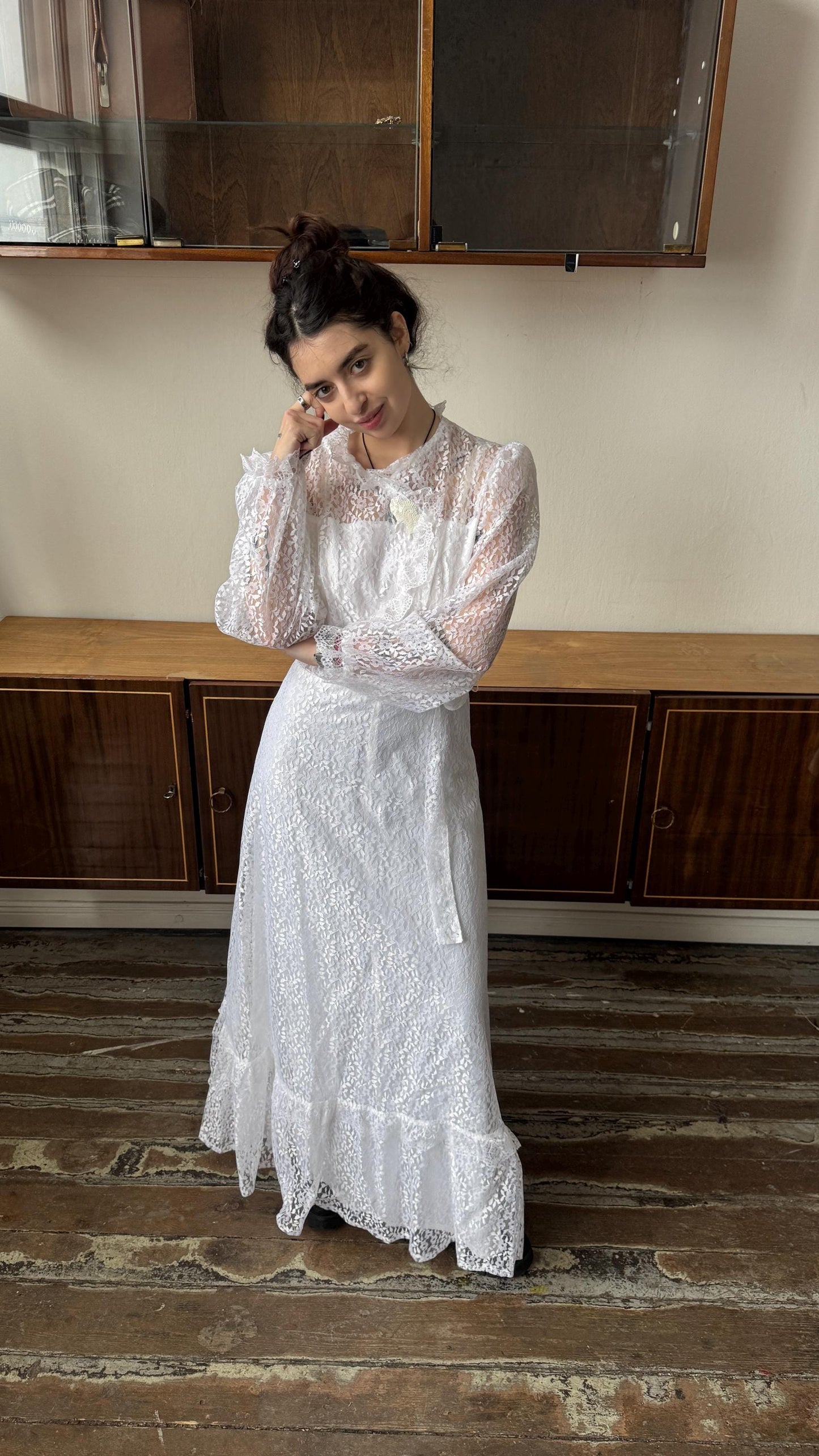 Vintage 70s silk bridal lace dress in white