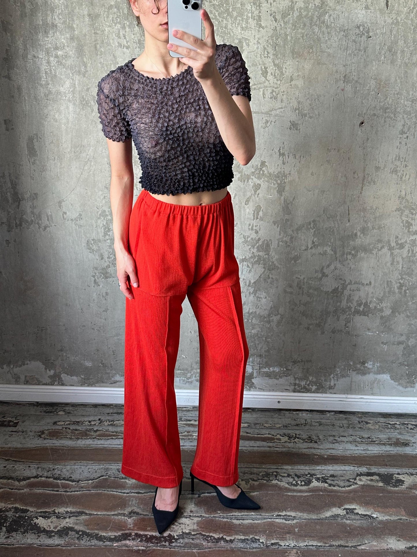 Vintage Issey Miyake flared pleated trousers in bright red