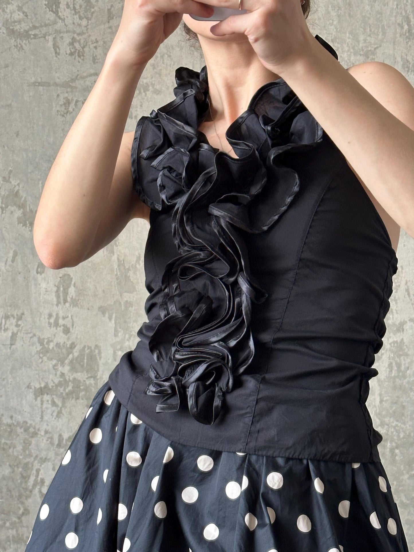 Vintage tube halter top in black with floral detail