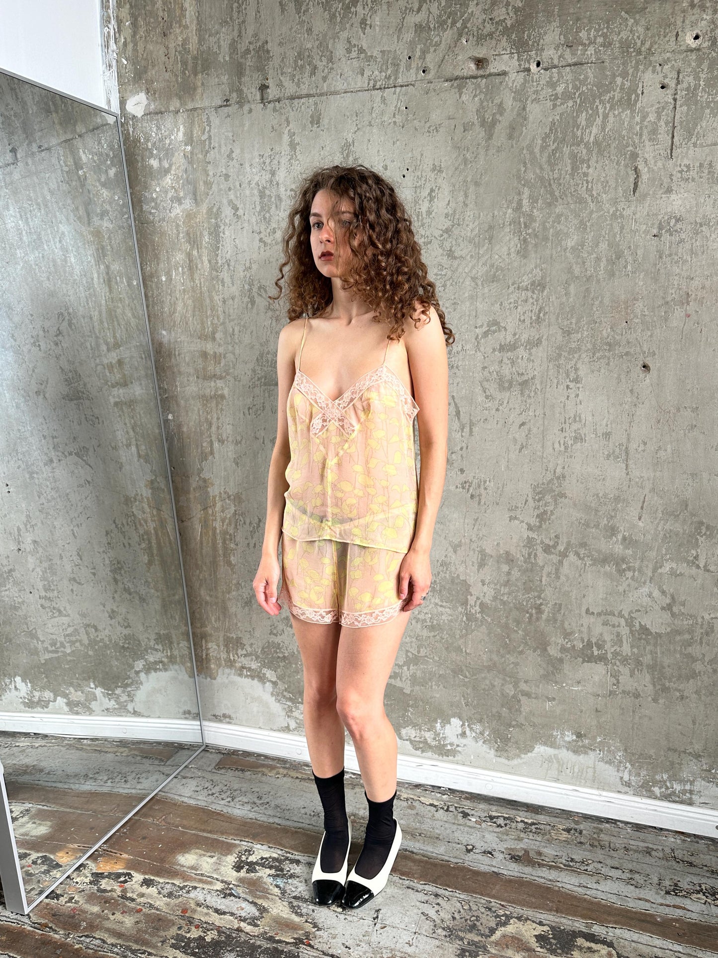 Vintage Calvin Klein Pure Silk Sheer Floral Cami & Shorts Set in Pink and Yellow