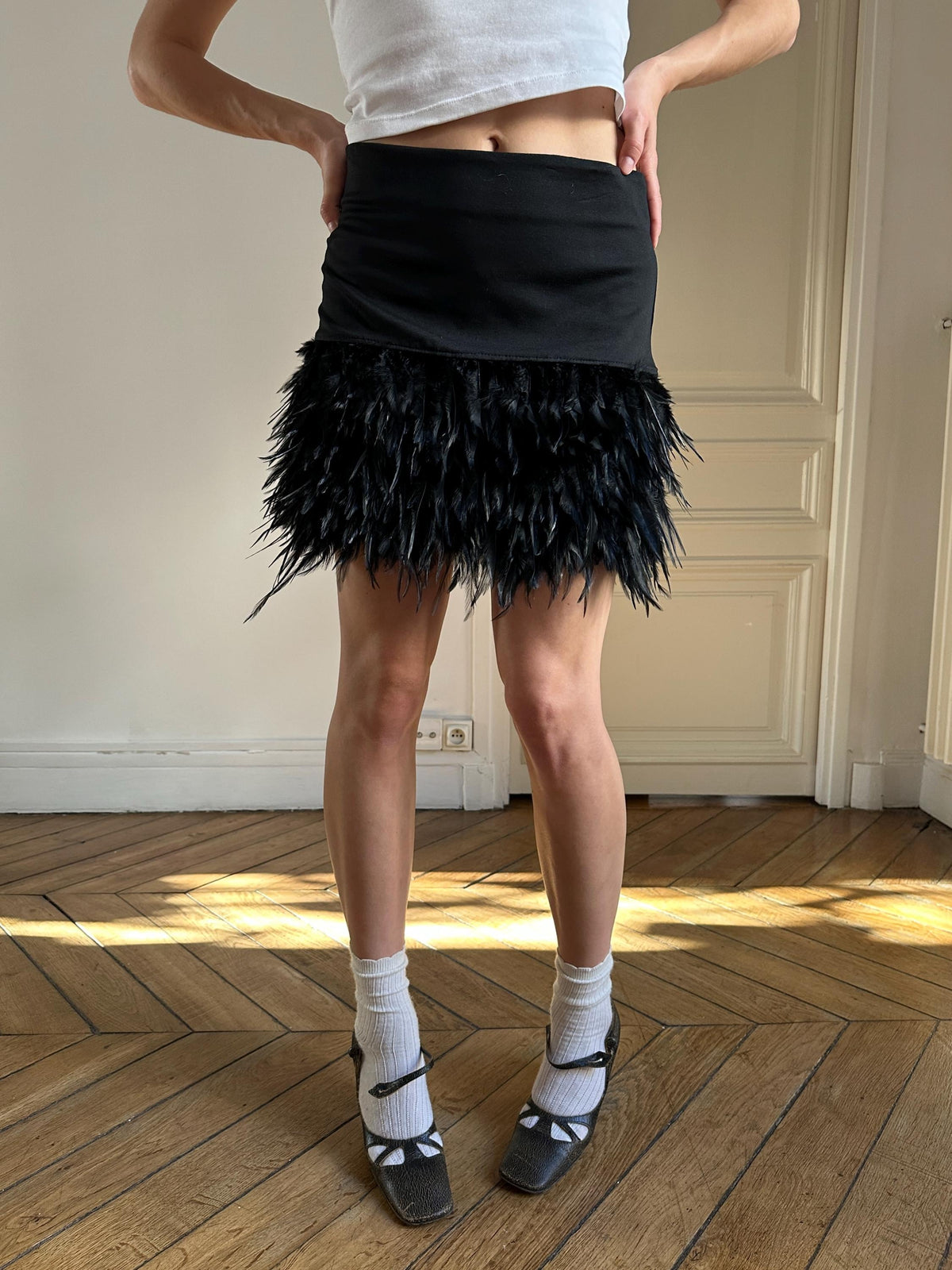 Vintage Black Feather Mini Skirt with Faux Feathers