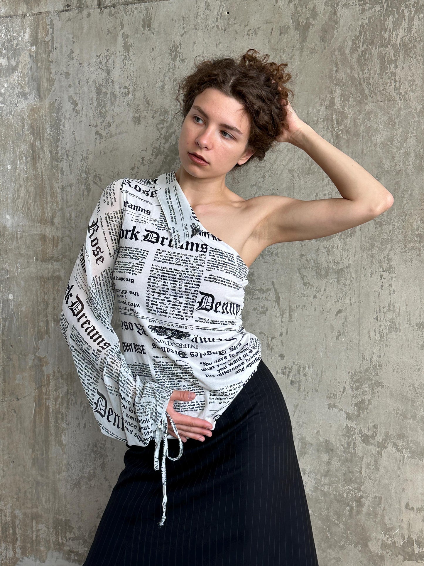 Vintage Denny Rose Newspaper Print One-Shoulder Top in Black and White