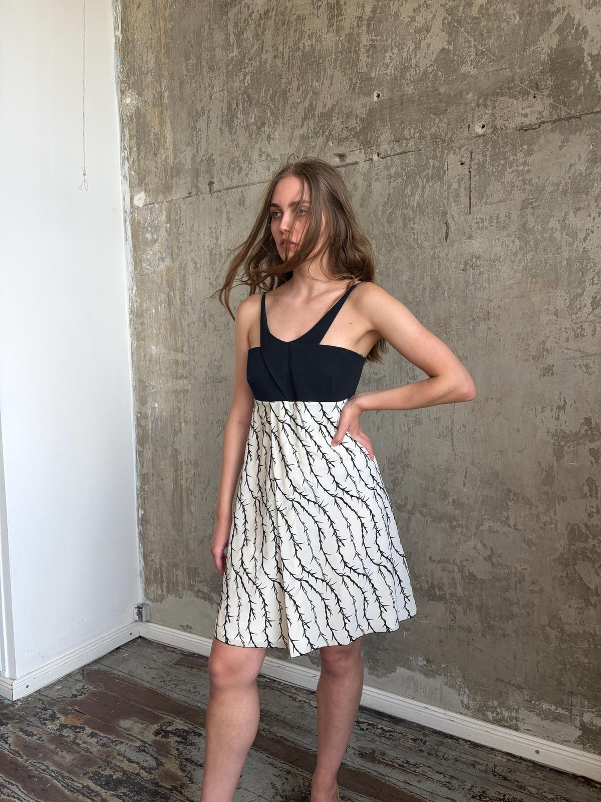 Vintage Balenciaga Branch Halter Dress in Black and White | Nicolas Ghesquière Era Silk Dress