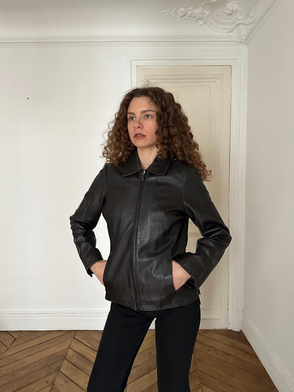 Vintage 90s Dark Brown Zip Boxy Leather Jacket