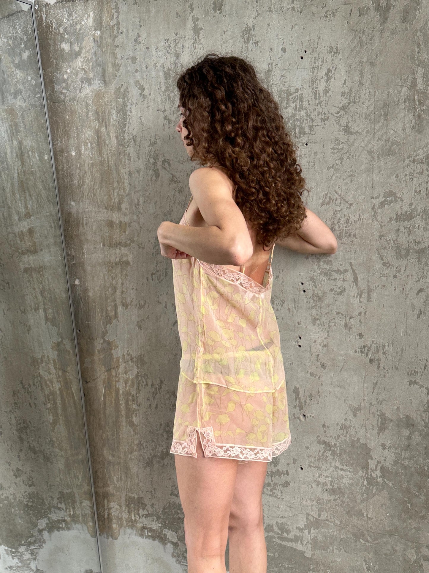 Vintage Calvin Klein Pure Silk Sheer Floral Cami & Shorts Set in Pink and Yellow
