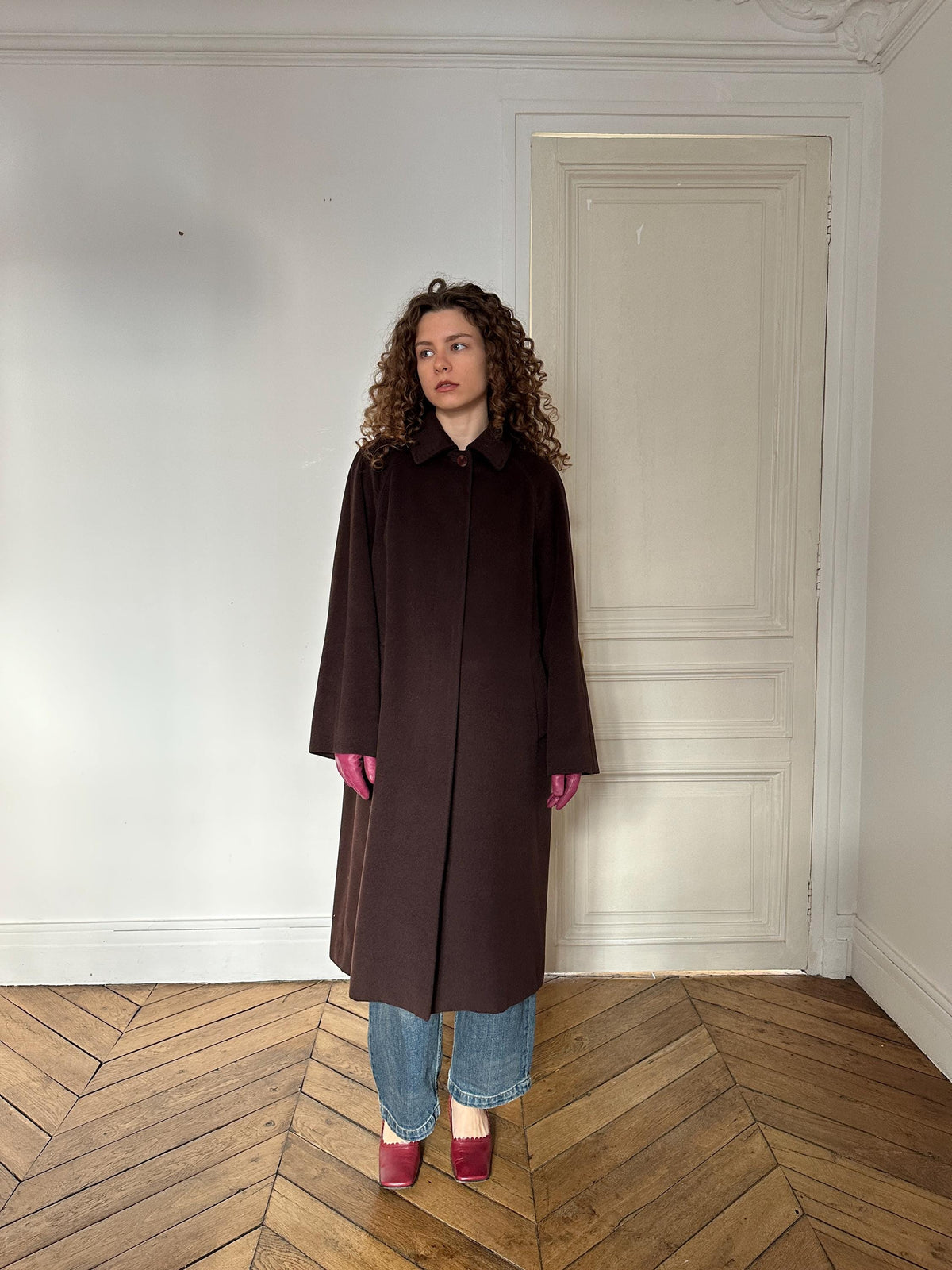 Vintage Les Copains Long Wool Angora Cashmere Coat in Chocolate Brown