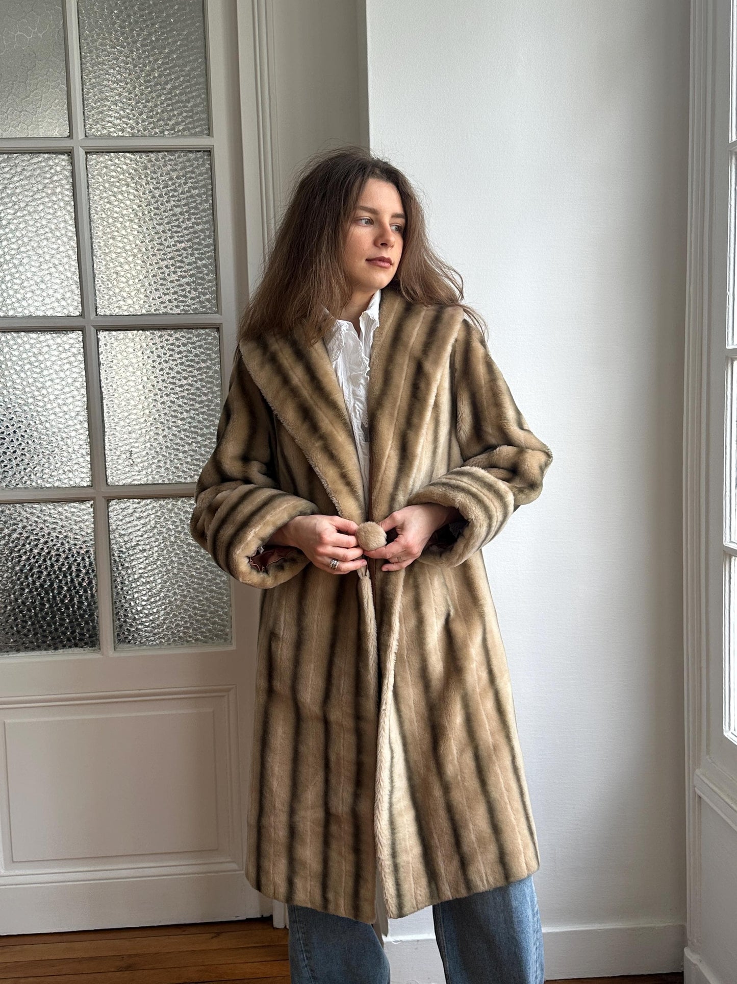 Vintage 60s Faux Fur Coat: Striped, Pom-Pom Closure, Midi Length, British Nylon