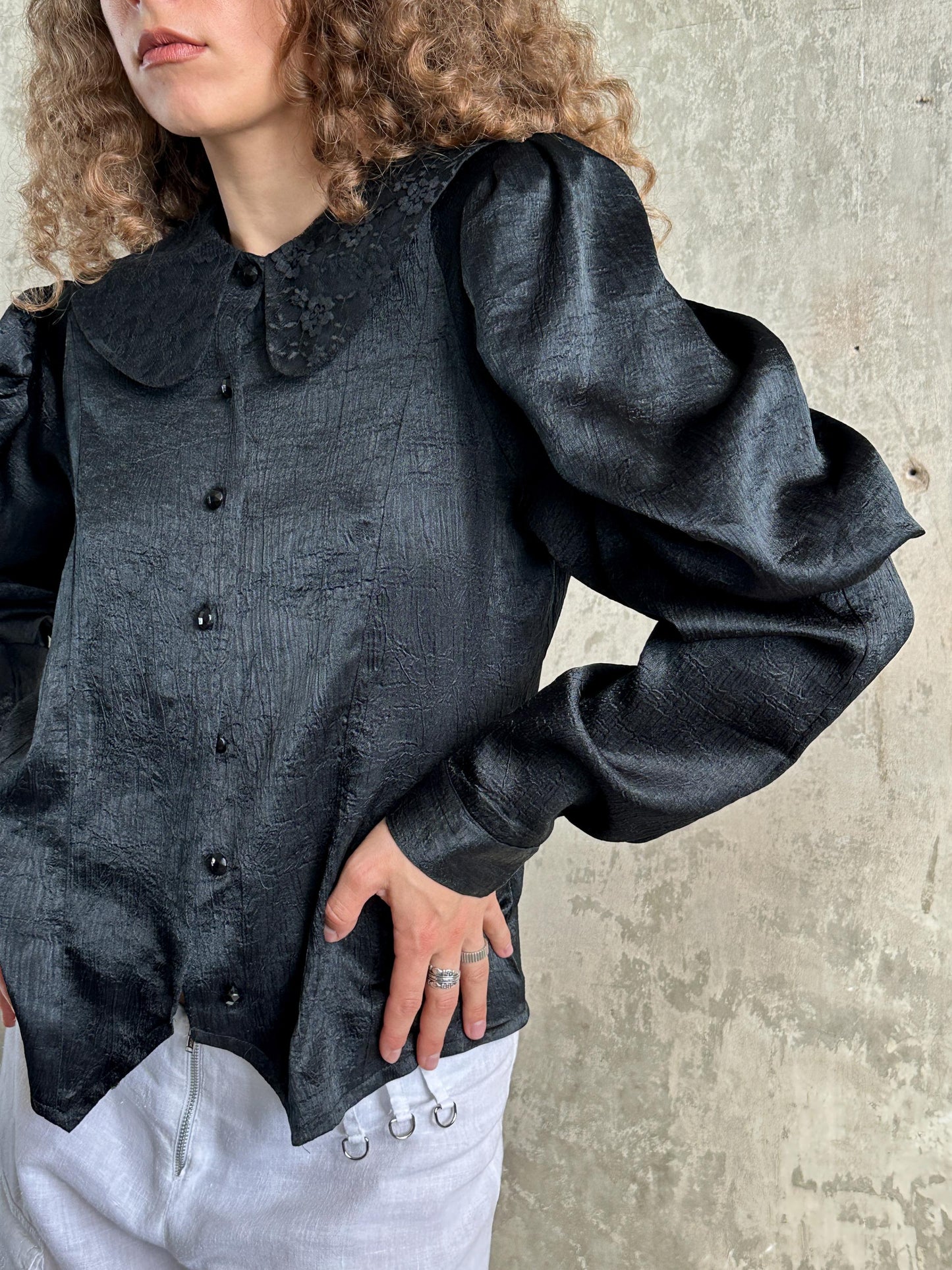 Vintage Black Puff Sleeve Romantic Draped Blouse