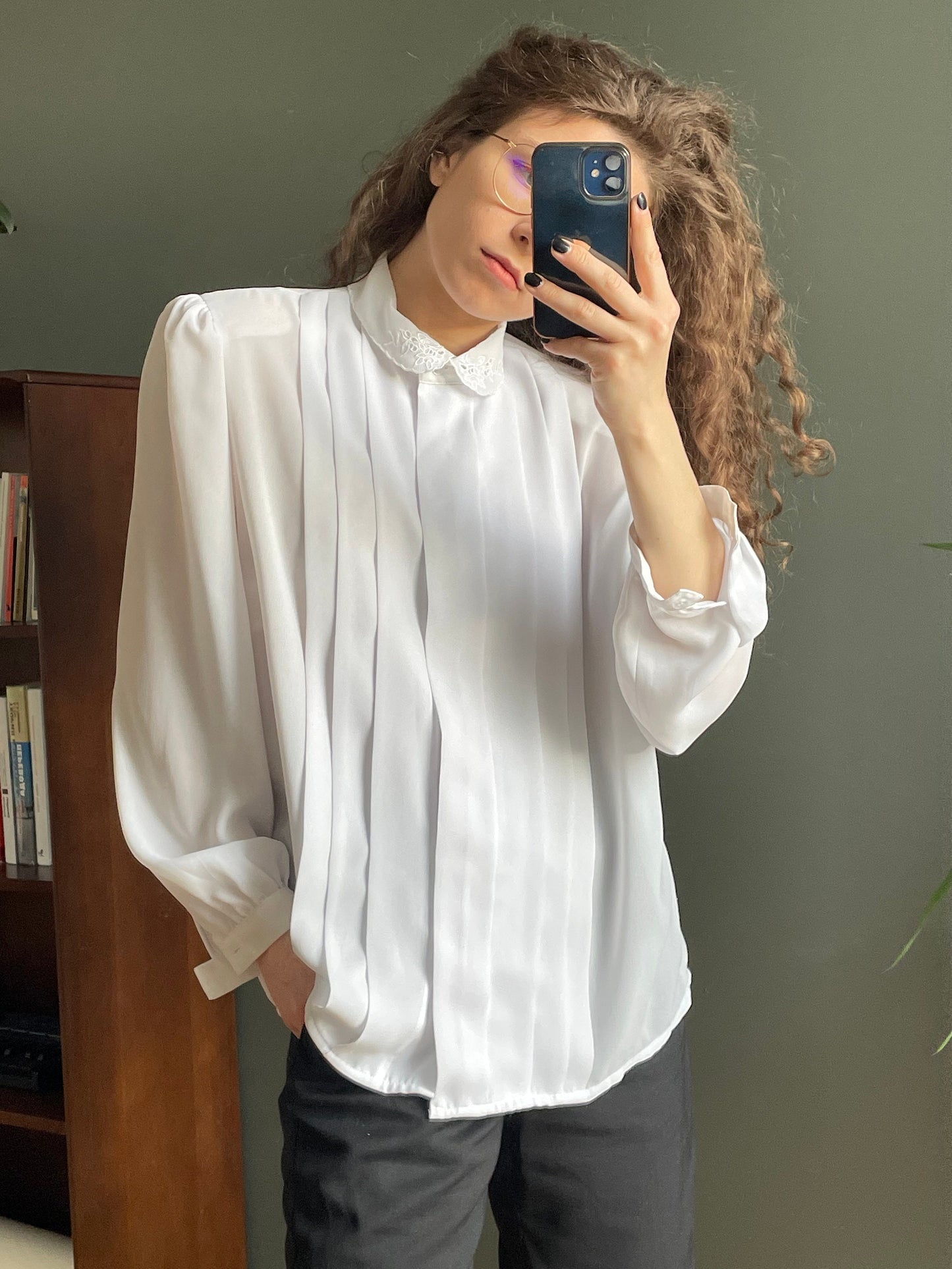 Vintage women blouse in white, pleated blouse